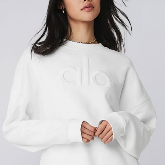 ALO | WHITE RENOWN EMBLEM CREW NECK PULLOVER SWEATSHIRT | M - Picture 2 of 4